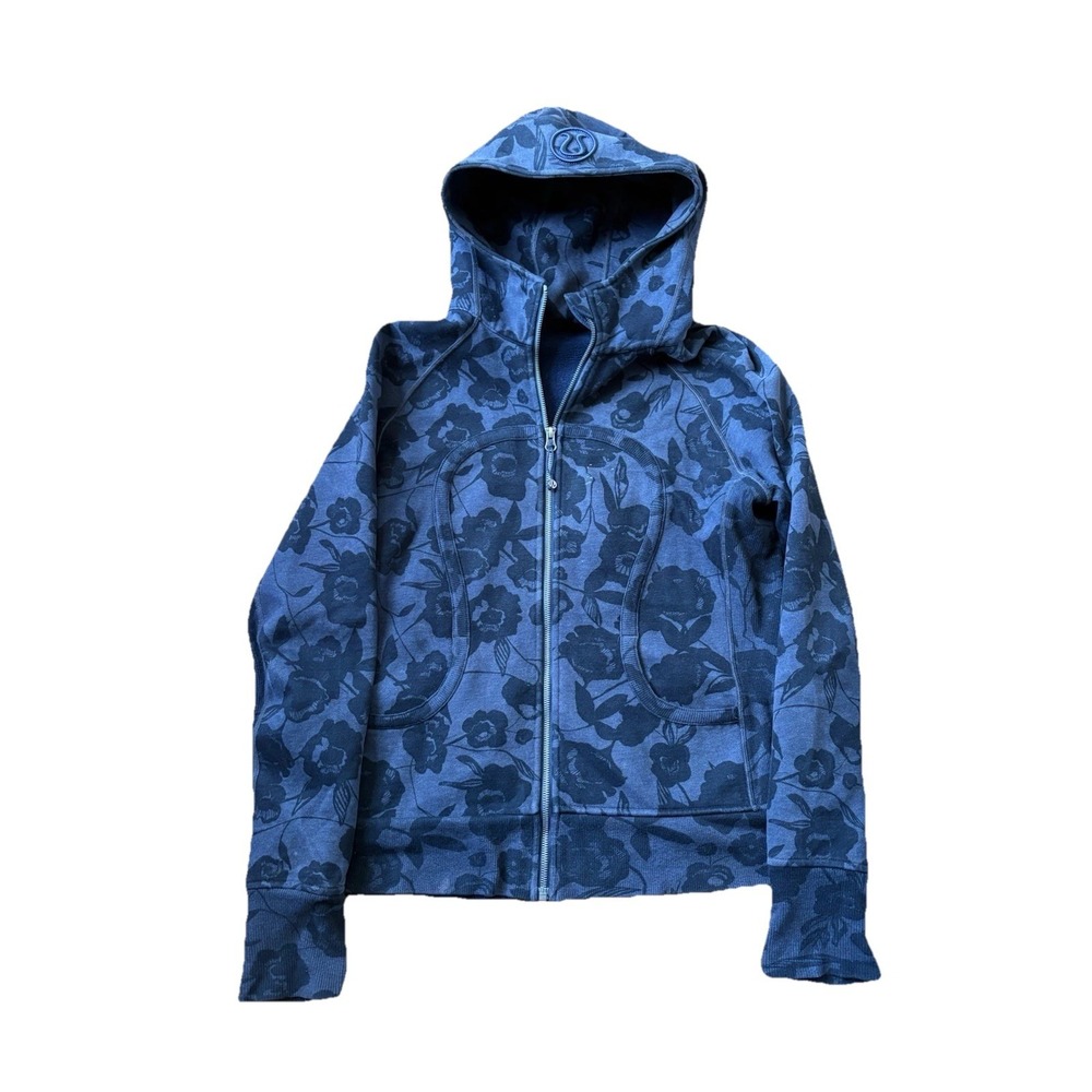 Lululemon Fleece Hoodie Jacket Womens 8 Blue Floral Print Full Zip Thumbholes